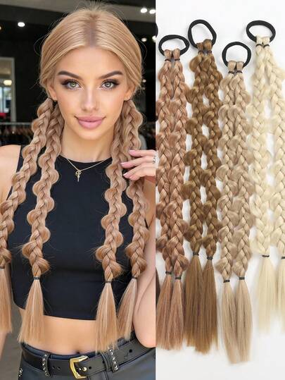 2PCS Y2K Style Women's Synthetic Two-Strand Braided Ponytail Extension - Elastic Rubber Band - Twisted Braid, Suitable For Parties, Dates, Work Commutes, Evening Events, Social Gatherings, And Girls' Nights Out.(Hair Colors: Black, Light Brown, Dark Brown, Brownish Black, Gold, Etc.)