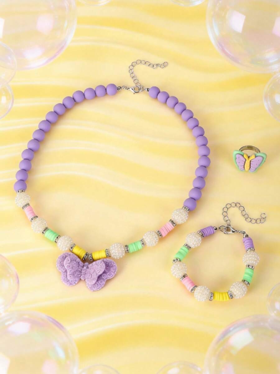 Pastel Beaded Butterfly Jewelry Set – Necklace, Bracelet & Ring Of 3pcs/Set For Girls Drees Up Suit - one-size - View 1