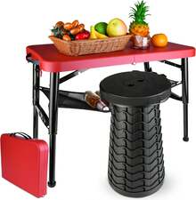Juego de mesa y taburete plegable portátil, mesa plegable ligera y taburete plegable para camping, picnic, playa, pesca, resistente y pequeño juego al aire última intervensión con - rojo (Red Set) - Ver 1