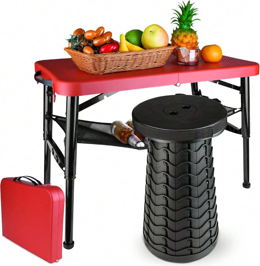 Juego de mesa y taburete plegable portátil, mesa plegable ligera y taburete plegable para camping, picnic, playa, pesca, resistente y pequeño juego al aire última intervensión con - rojo (Red Set) - Ver 1