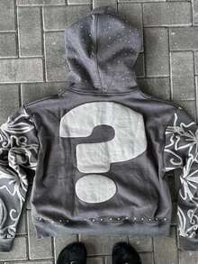 "WHO?CARES GETSOME MONEY" Lettered Foam Zip-Up Hoodie, Streetwear, Hip-Hop Style.  Casual    Polyester    Zipper  Drawstring    Daily    Four Seasons - Xám - Xem 3