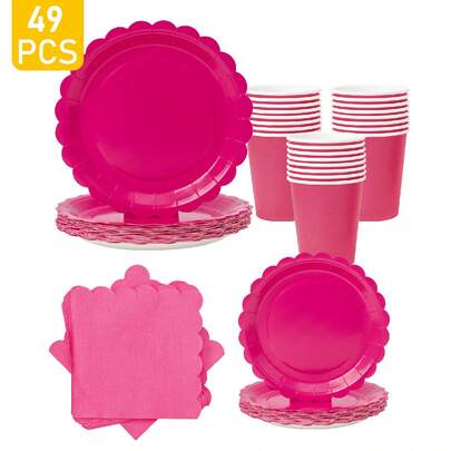 Rose Pink Petal Shaped Disposable Plates, Napkins, Cups - One-Time Party Supplies Set, Suitable For 8 Guests, Disposable Paper Plates Party Tableware For Birthday, Wedding, Picnic