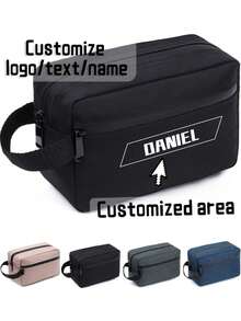 Personalized Name/Text Travel Toiletry Bag - Oxford Cloth Portable Unisex Cosmetic Organizer Pouch With Name Tag, Blue/Black, Multifunctional, Decorative, Lettering, Solid Color, Elegant, Fashionable, Retro, Modern, Colorful, Casual, Basic, Soft, Unique, Customized, Personalized, Ideal Gift For Girlfriend, Women, Friends - Multicolor - View 2