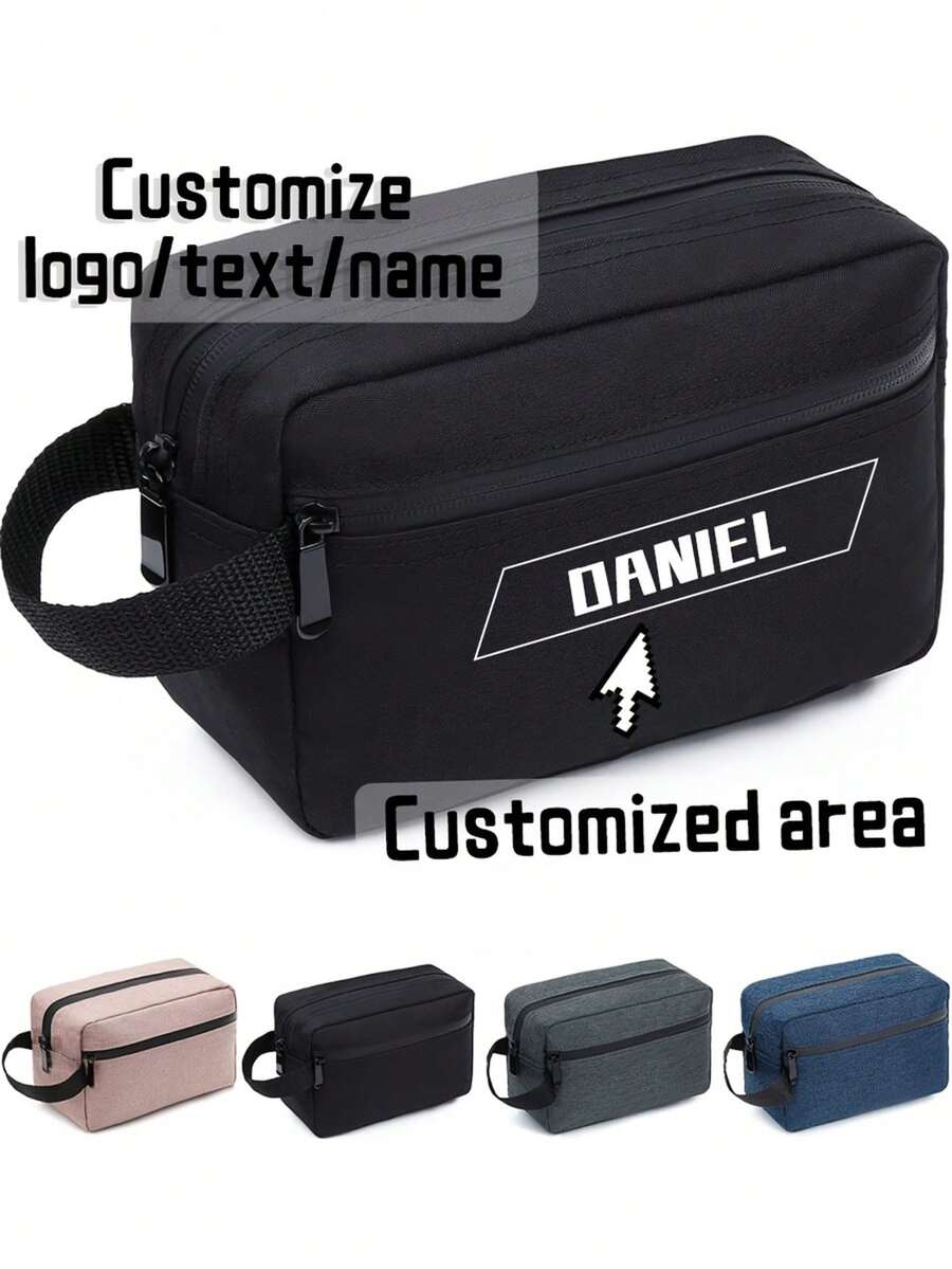 Personalized Name/Text Travel Toiletry Bag - Oxford Cloth Portable Unisex Cosmetic Organizer Pouch With Name Tag, Blue/Black, Multifunctional, Decorative, Lettering, Solid Color, Elegant, Fashionable, Retro, Modern, Colorful, Casual, Basic, Soft, Unique, Customized, Personalized, Ideal Gift For Girlfriend, Women, Friends