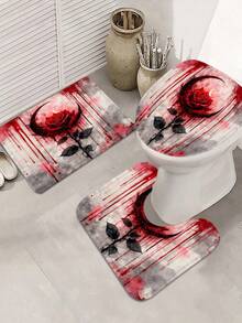 Gothic Rose Shower Curtain Set - Red Rose & Moon Design, Paired With Dark Tones & Mystique, Includes Shower Curtain, Bath Mat, Toilet Lid Cover & Non-Slip Bathroom Mat, Adds Distinctive Style To Bathroom - A - View 7