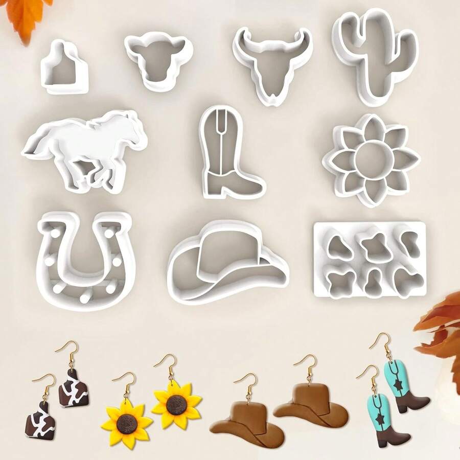 1/10件装西部牛仔主题软陶切割器 – 牛仔帽和靴子形状，波西米亚西部风手工工具，适用于DIY耳环、珠宝饰品和乡村爱好者礼物 - 白色 - 查看 1