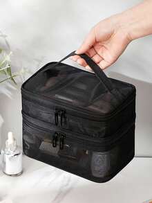 Large Capacity Mesh Cosmetic Bag, Portable Toiletry Organizer Bag, Multi-Functional Net Pouch - Multicolor - View 3