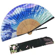 Zolee Abanico de mano plegable para mujer abanico de seda de bambú clásico chino japonés plegable para flash caliente baile actuación decoración fiesta regalo diamante  sexy - Montaña - Ver 4