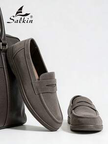 Salkin Classic Designer Men's Moccasin Shoes, Solid Suede Slip-On Penny Loafers, Men's Soft Leather Shoes, Gentleman Business Social Shoes, Men's Daily Office Party Wedding Formal Shoes, Couple Date, Romantic Dinner, Holiday Gift, Back To School Student Casual Shoes, College Style. Please Select One Size Up. - Grey - View 3
