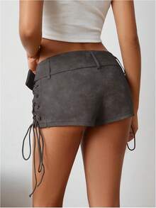 Vintage Style Faux Suede Dark Gray Solid Color Belt Accent Side Lace-Up Low-Rise Micro Shorts - Màu xám đen - Xem 2