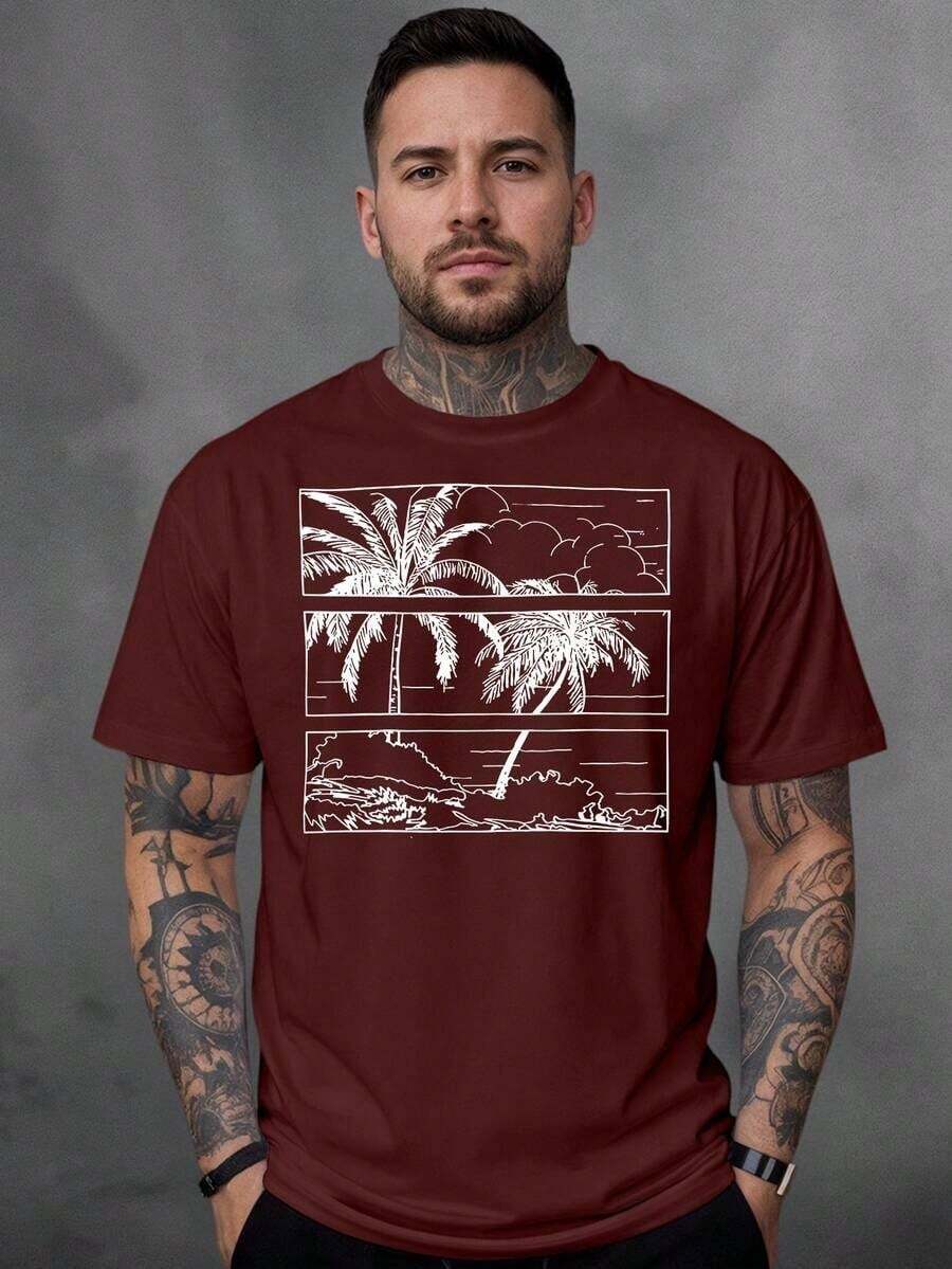 Men's T-Shirt, 100% Cotton, Palms Print - 紫紅色 - 查看 1