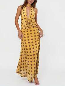 Vestido de mujer con cuello halter, cuello vuelto, estampado de lunares, con lazo en la espalda, vestido de fiesta y bufanda sin espalda, conjunto para club de playa, ropa de calle - Amarillo - Ver 4