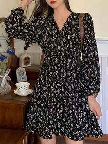 女士休闲度假风V领长袖连衣裙 - 黑色 - 查看 4