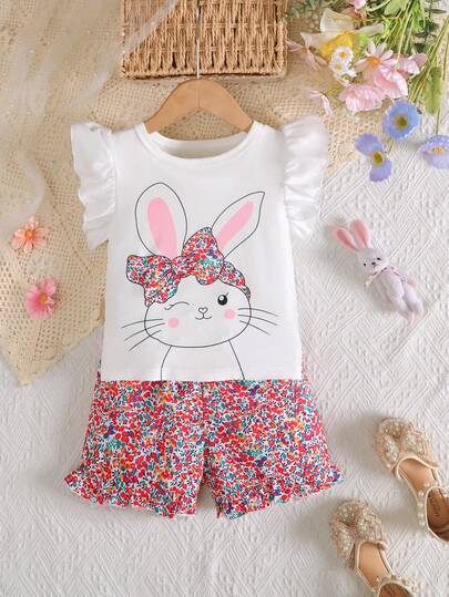 Girls Easter Bunny Ruffle Sleeve Top And Floral Shorts Set, Summer