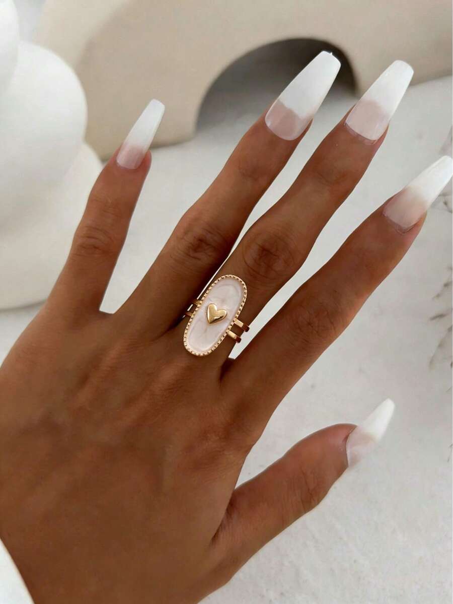 1 pieza Anillo abierto minimalista y elegante con incrustaciones de cristal de forma geométrica elíptica, luna, estrella, corazón y cruz, adecuado para uso diario, vacaciones y festivales de mujeres - Amarillo Oro - Ver 1