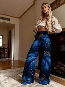 Women'S Slim-Fit Wide-Leg Jeans With 3D Blue Pumpkin Print & Golden Dots/Swirls - No-Iron Zipper Closure, Flared Leg Opening, Beltless Design, Long Length For Fall/Winter Casual & Formal Outfits - Imitation Denim (No Belt/Hardware) - Plus Size Avail - Nhiều màu - Xem 2