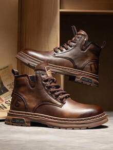 Un par de Liso Vintage Cuero PU Detalle de Cordones y Suela Gruesa Antideslizante Botas de Hombre Para Trabajo y Aventuras Otoño e Invierno Tallas 38-44 Resistente y Cómodo - Marrón - Ver 1
