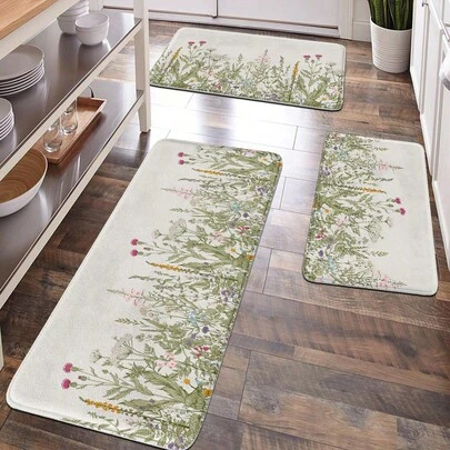 1pc Sage & Floral Pattern Soft Plush Surface Bathroom Mat, Kitchen Rug, Doormat, Home Decor, Anti-Fatigue Floor Mat
