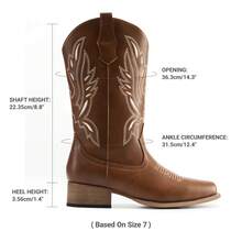 Women's Wide-Cut Wide-Lasted Square Toe Cowboy Cowgirl Boots Pull On Low Chunky Heel Mid Calf Western Boots With Embroidered Stitched For Theme Party Country Concert - 棕色 - 查看 2