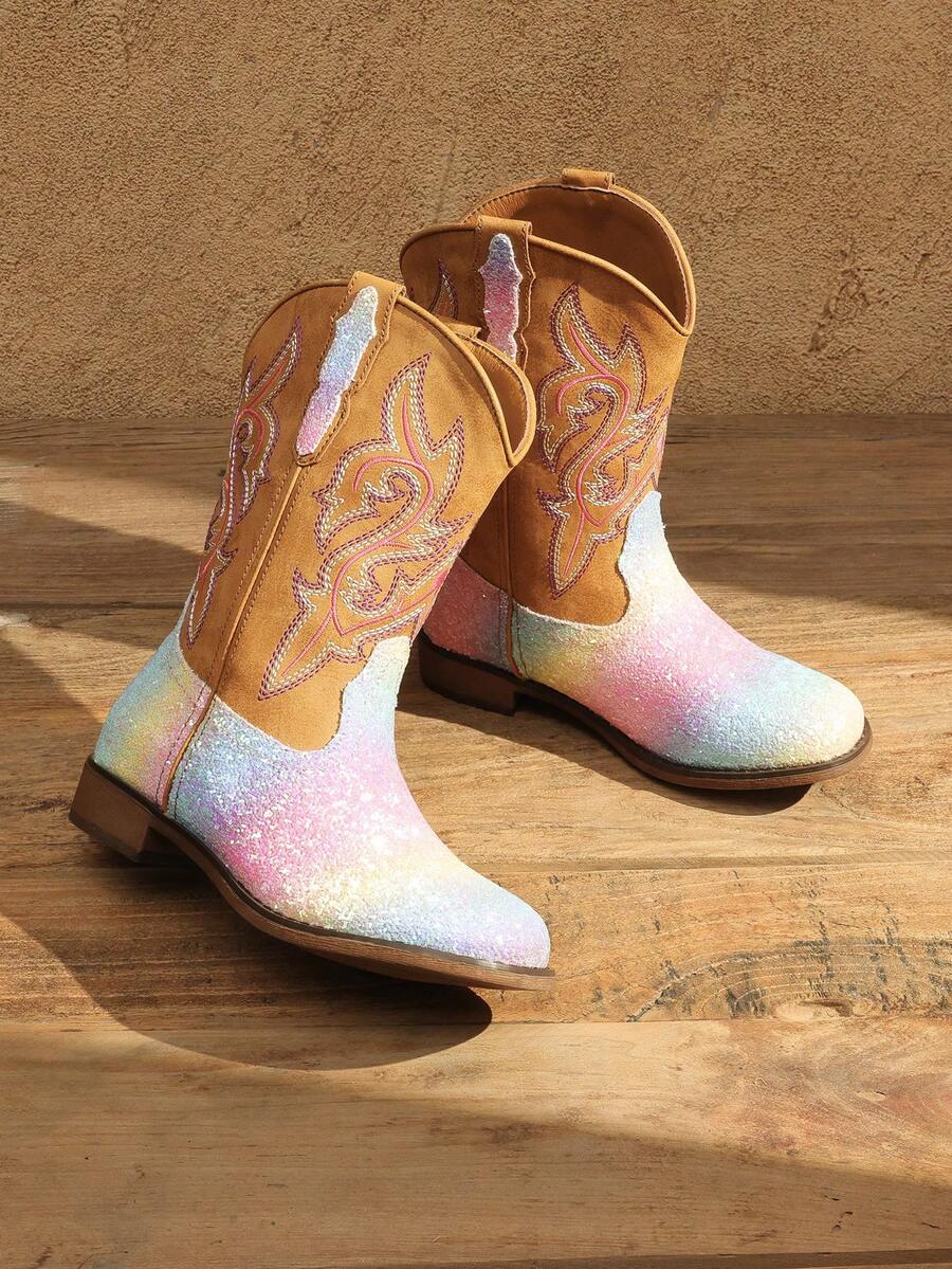 Girls Rainbow Cowgirl Boots Glitter Western Style Toddler Cowboy Boots Child Mid Calf Rhinestone Riding Shoes Party Birthday Dress Up For Toddler/Little/Big Kid Party School Holiday Dress Up - Màu xanh bạc hà - Xem 1