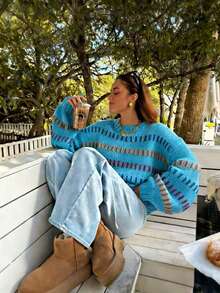 Plus-Size Colorful Striped Sweater, Women's Openwork Knit Sweater - Màu xanh lam - Xem 3