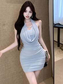 撞色网纱无袖V领吊带连衣裙，性感简约修身迷你裙，夏季 - 藍色 - 查看 4