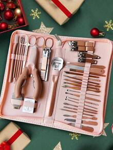 美甲套装，不锈钢指甲钳套装，专业修容套装，面部、手足肌肤护理及指甲护理工具，附皮革旅行收纳盒 - 粉色 - 查看 16