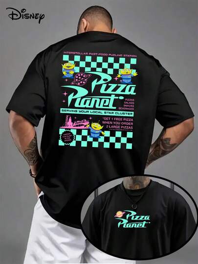  [Disney Official Genuine Authorization] Men's Toy Story Pisa Planet Alien T-Shirt Retro Plaid Design With Bass Light And Jesse, Breathable Round Neck Loose Casual Summer Shirt, Authorized Cartoon Character Shirt Men's Wear.