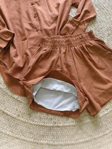 Oversized Shirt And Shorts Set - Khaki - View 4