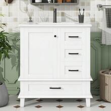 Freestanding Bathroom Vanity Unit 76 X 46 X 83.5 Cm With Integrated Sink, Vanity Unit, Fully Lacquered Finish, Door Shelf, Three Soft-Close Drawers, Integrated Ceramic Sink, White - White - View 4