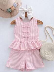 Children's Striped Set: Peplum Top With Bows + Striped Shorts - 粉色 - 查看 5