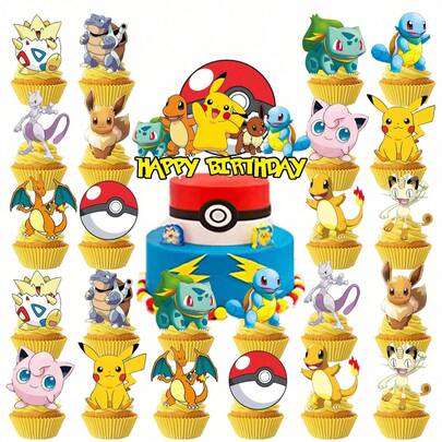 pokemon 25pcs Pikachu Themed Birthday Party Cake Toppers, Family Gathering Cake DIY Decorations, Christmas Cake Decor