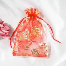 10pcs Gold Foil Rose Pattern Drawstring Organza Bags, Jewelry & Cosmetic Sample Packaging Pouches - Multicolor - View 2