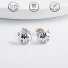 1 Pair Cute Retro Sweet 925 Silver Cat Stud Earrings, Suitable For Daily, Party, Holiday, Date, Gift - Silver - View 1