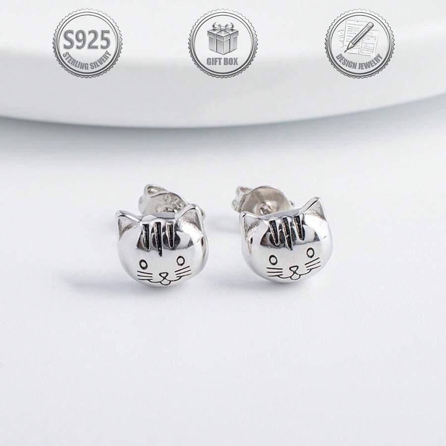 1 Pair Cute Retro Sweet 925 Silver Cat Stud Earrings, Suitable For Daily, Party, Holiday, Date, Gift - Silver - View 1