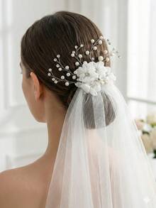 Lược cài tóc bằng voan trắng đính ngọc trai và pha lê, phụ kiện tóc cưới nhẹ nhàng thủ công dành cho cô dâu và phù dâu, kẹp tóc chụp ảnh đính hôn. - trắng - Xem 2