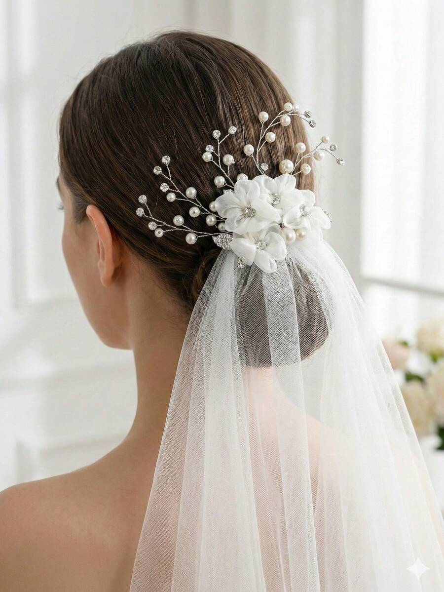 Lược cài tóc bằng voan trắng đính ngọc trai và pha lê, phụ kiện tóc cưới nhẹ nhàng thủ công dành cho cô dâu và phù dâu, kẹp tóc chụp ảnh đính hôn.