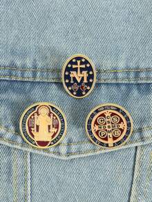1/3pcs Catholic Faith Symbol Brooch, Zinc Alloy Enamel Material, Latin Prayer Text & Cross Icon Decor, Catholic Religious Theme Badge, Unisex Design, Religious Accessory Gift - Multicolor - View 5