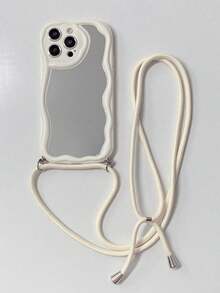 1pc Mirror + 1pc Rope + 1pc Fashionable Transparent Perforated Anti-Drop Cream Textured Phone Case Compatible With Apple,International Version, Not The Domestic Version - White - View 4
