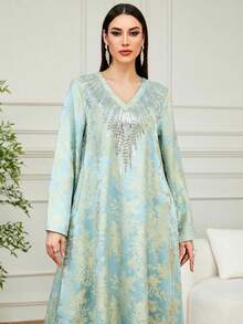 Áo Kaftan dài cổ chữ V thêu đính cườm thanh lịch dành cho nữ, thích hợp cho lễ Eid, mặc hàng ngày, dự tiệc và ở nhà. - màu xanh lá - Xem 4