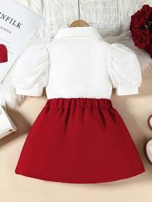 2pcs/Set Toddler Girls' Fashion Summer Mesh Petal Sleeve Shirt Top And Heart Bow Decor Skirt Set - Multicolor - View 2
