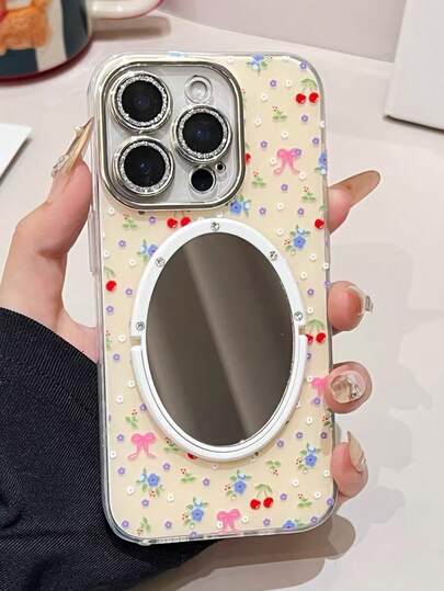 1个时尚樱花图案镜面手机壳，适用于 11/12/13/14/15/16 Pro/17 Pro Max，全覆盖镜头膜带蝴蝶结支架保护套，情人节礼物
