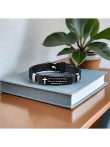 1pc Adjustable Men's Christian Bracelet Stainless Steel Silicone Strap With Cross Charm And Bible Verse Inspirational Religious Jewelry Gift For Husband Father Boyfriend Son - 黑色的 - 查看 2