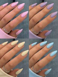 120片中号杏仁形樱花粉紫色纯色假指甲套装，适合春夏时尚，包含4片果冻凝胶贴纸和4个指甲锉，适合女士派对、舞会和日常佩戴，可重复使用的粘性指甲贴纸 - 彩色 - 查看 2