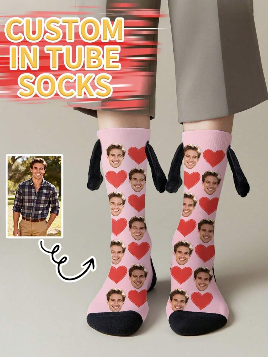 1 Pair Of Customized Face Children's Mid Tube Holding Hands Series Medium Socks, Put Any Face On The Socks, Personalized Socks With Photos, Interesting Customized Pictures With Medium Stockings, Suitable For Valentine's Day, Birthday, Gift Giving And Other Occasions, Personalized - Multicolor - View 1