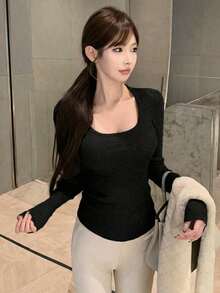 Korean Style Sexy Slim Fit Square Neck Long Sleeve Knit Sweater Top, Autumn/Winter - Black - View 2