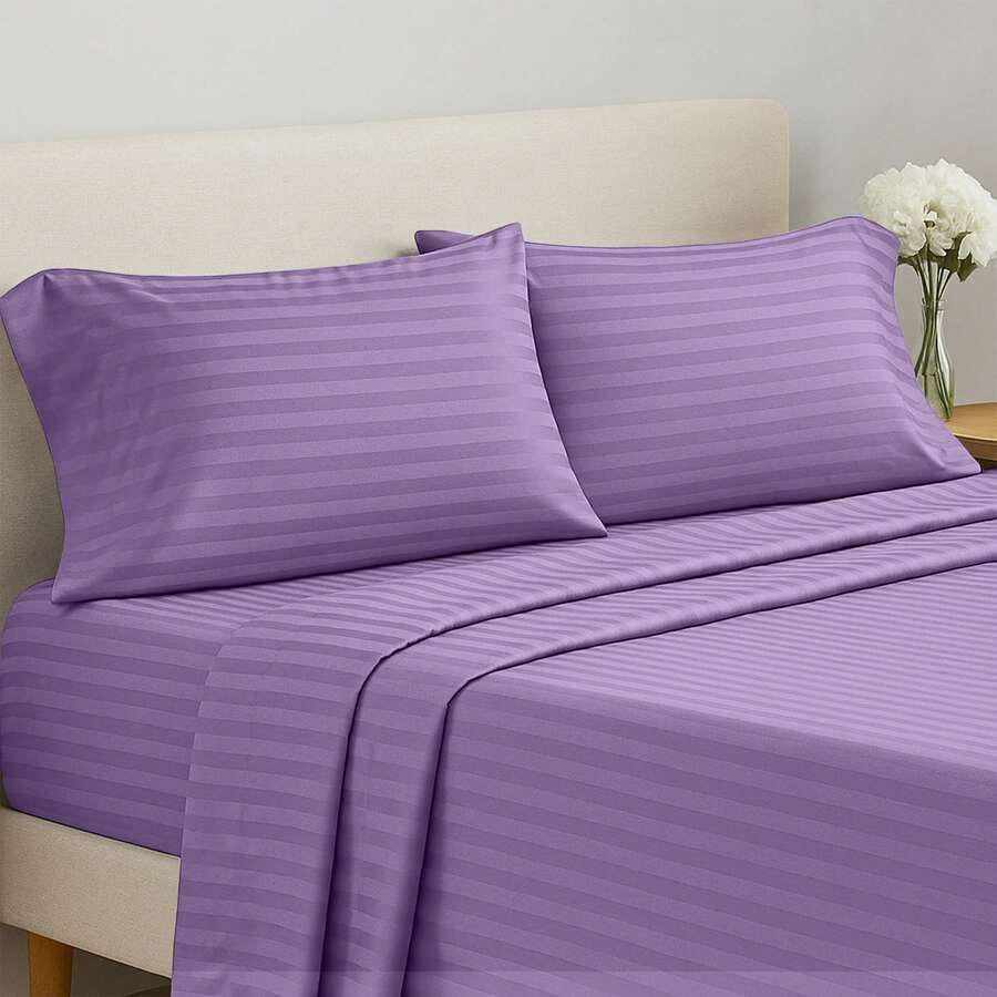 Lux Decor 4 Pc Stripe Bed Sheets, High GSM Brushed Microfiber Bedding Set With Deep Pocket Fitted Sheet & Pillowcases. Soft, Breathable, Hypoallergenic, Easy Care, And Wrinkle Resistant For Year-Round Comfort And A Classic Hotel-Quality Look. - 紫色 - 查看 1