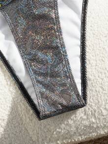 女士露背全息亮片比基尼两件套，性感休闲高弹泳衣，交叉绑带设计 - 黑色 - 查看 4