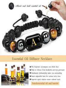 26颗天然石字母珠手工编织手链，10毫米火山石和黑曜石珠，男士手链 - 手鍊 - 查看 4