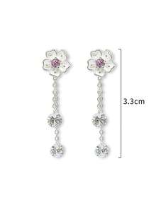 1 Par de Brincos Longos com Borla Floral Fofa e Doce em Prata Esterlina S925, Brincos Florais Delicados e Femininos para Uso Diário - flores - Visão 6